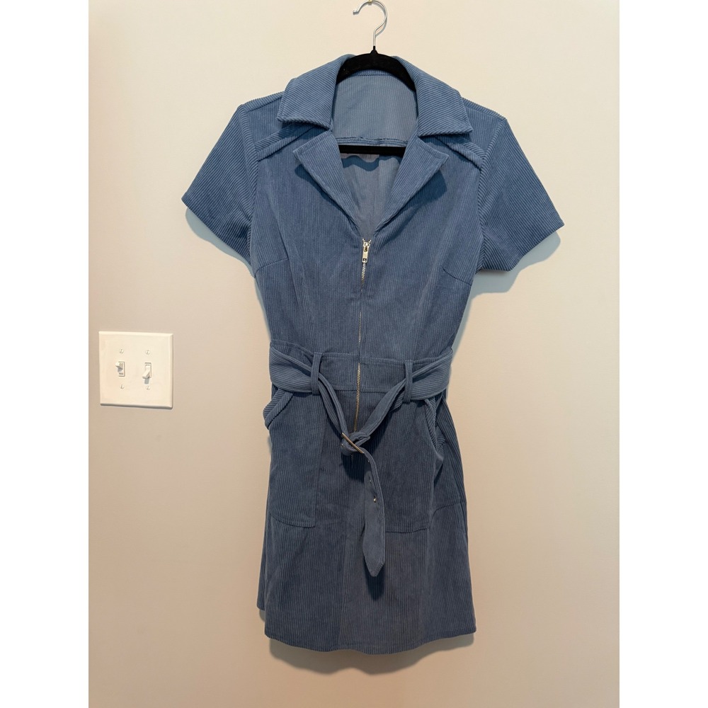 Womens Blue Corduroy Zip Front Mini Dress Short Sleeve Belted Utility Retro